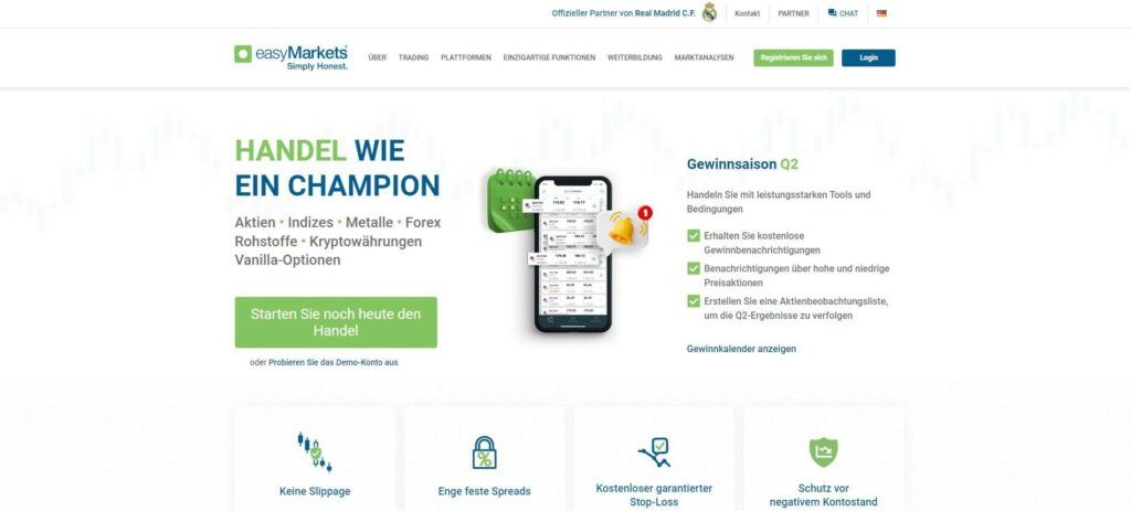 die homepage von easymarkets