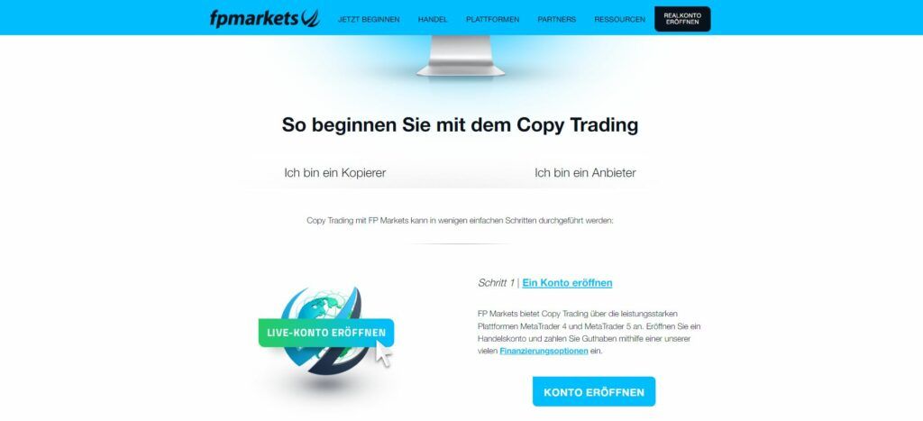 die Copy-Trading-Seite von fp markets