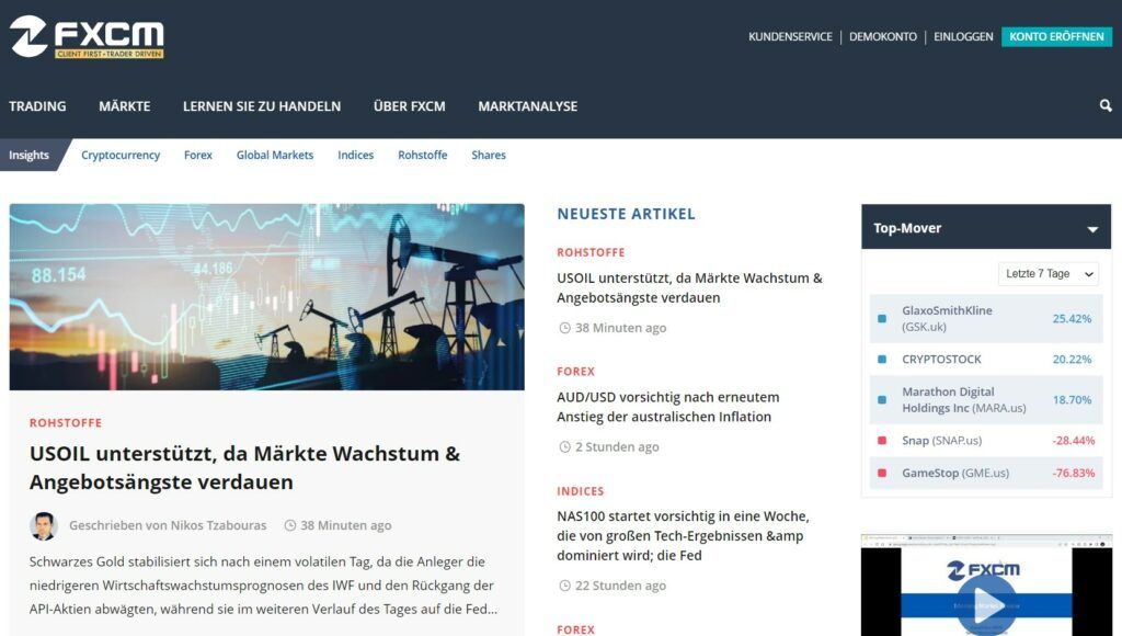 Der Marktanalysebereich auf FXCM