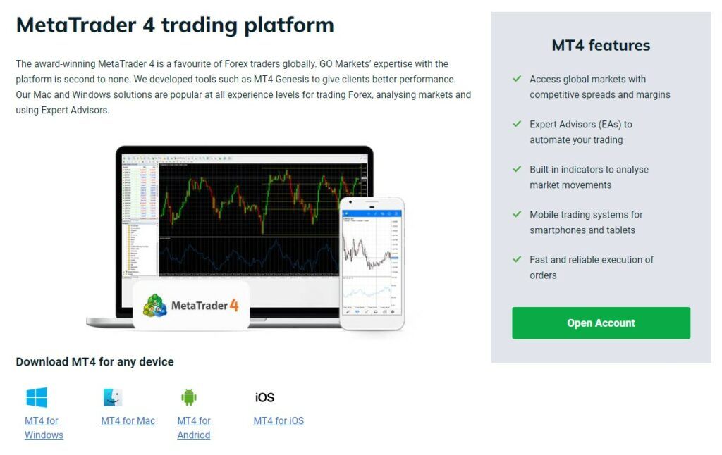 Die bei GO Markets verfügbare MT4-Handelsplattform
