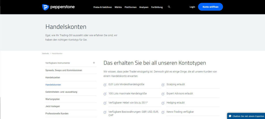 die von pepperstone bereitgestellten kontotypenfunktionen