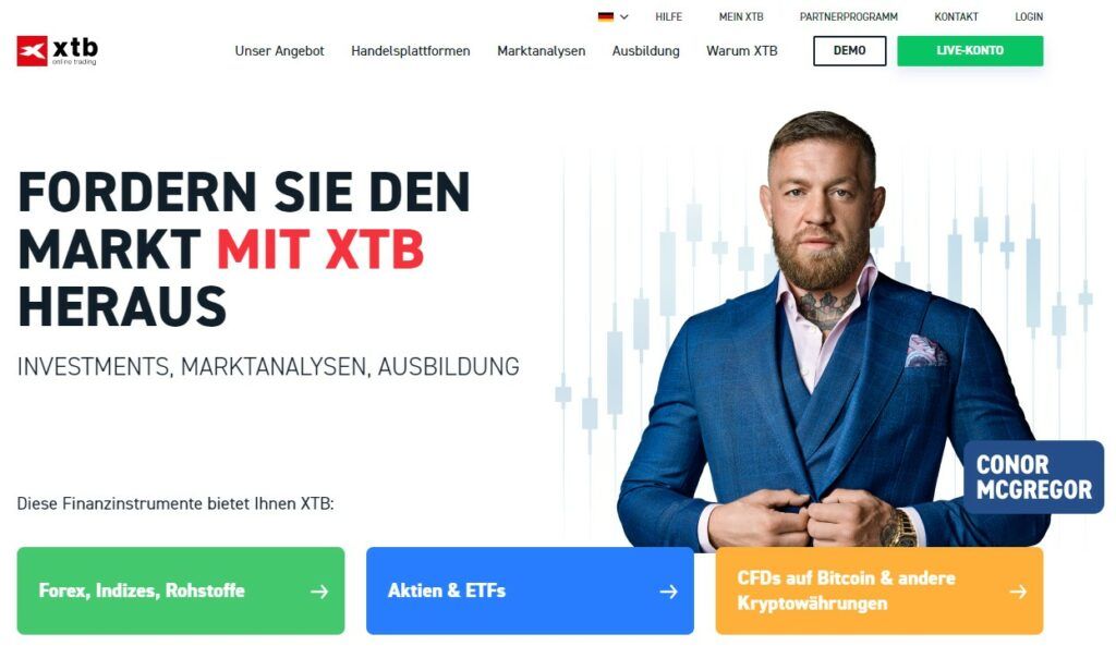 Die Hauptseite der XTB-Website