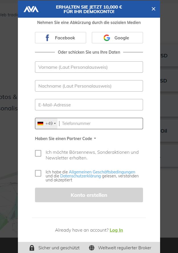 avatrade Demo-Konto Registrierungsformular