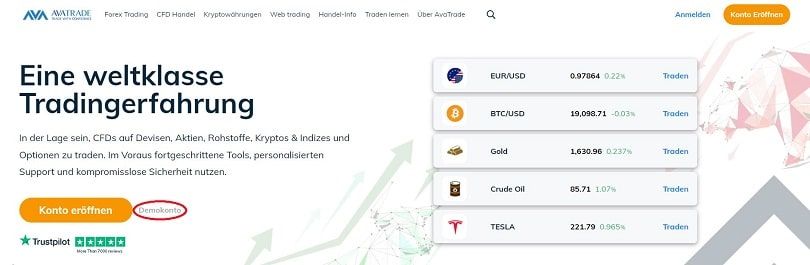 die Schaltfläche für das Demokonto auf der avatrade-Homepage