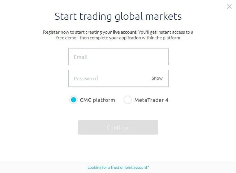 das Formular zum Öffnen der cmc markets Demo