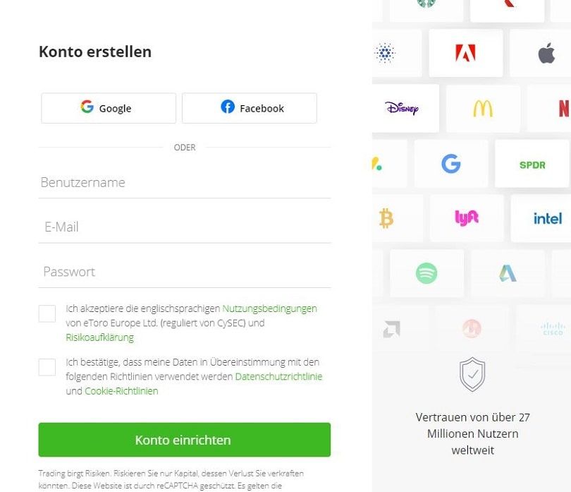 das Demo-Anmeldeformular von etoro