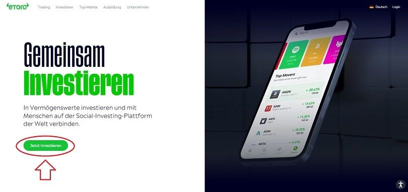 die Schaltfläche "Investieren beginnen" auf der etoro-Website