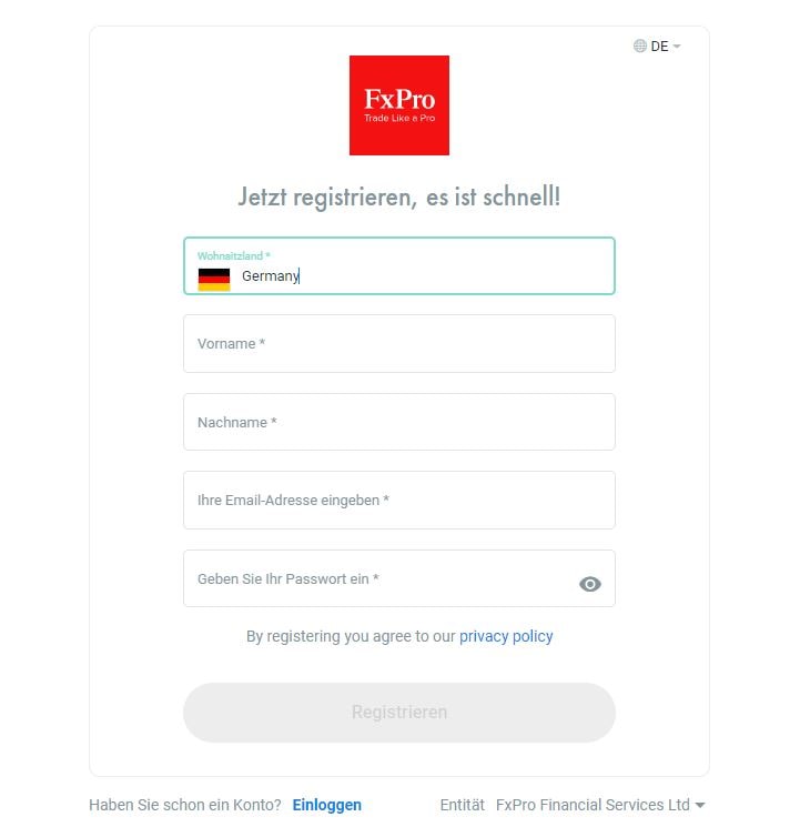 fxpro Demo-Konto Registrierungsformular