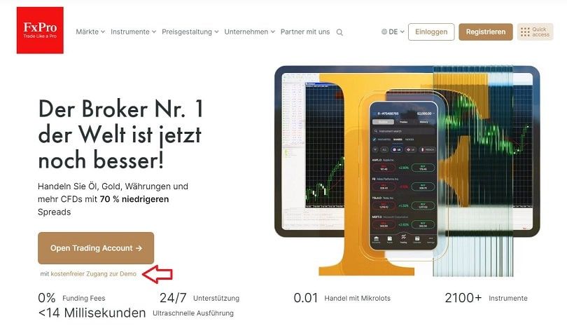 fxpro Homepage kostenloser Zugang Demo