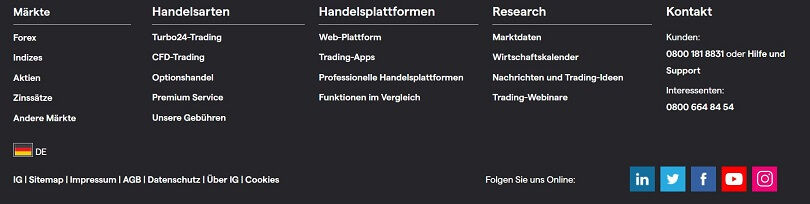 IG Markets Fußzeile, um festzustellen, in welcher Region Sie handeln