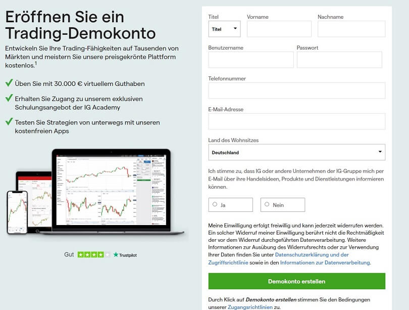 Das ig markets-Anmeldeformular zur Eröffnung Ihres Demokontos