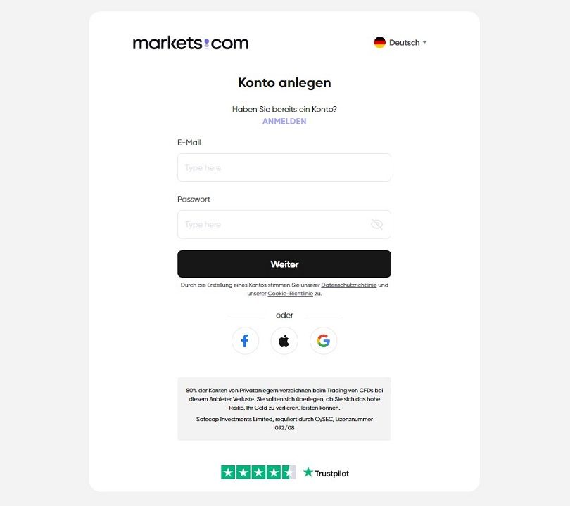 Das markets.com-Anmeldeformular zur Eröffnung Ihres Demokontos