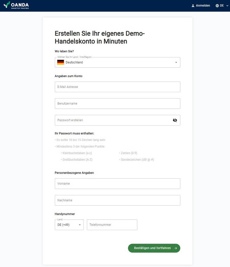 Das oanda-Anmeldeformular zur Eröffnung Ihres Demokontos