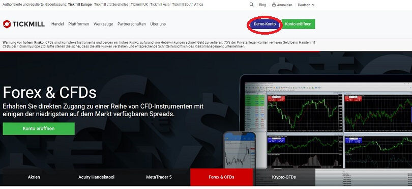 Eröffnen Sie Ihr tickmill-Demokonto auf der Homepage