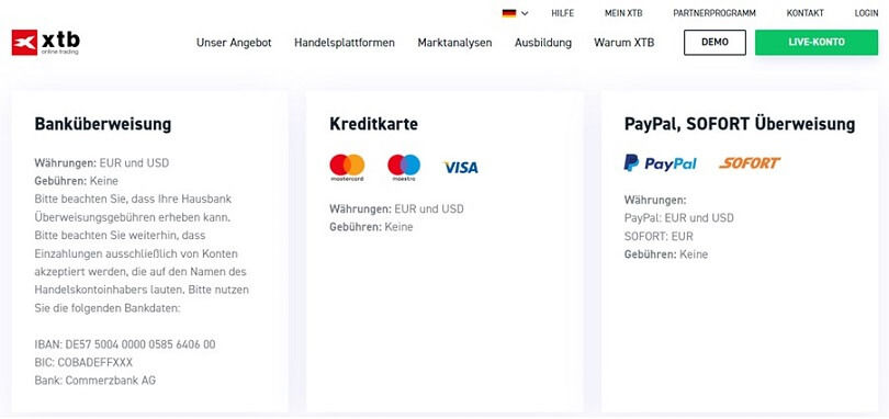 Verfügbare Einzahlungsmethoden bei XTB