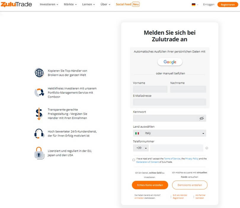 Das zulutrade-Anmeldeformular zur Eröffnung eines Demokontos